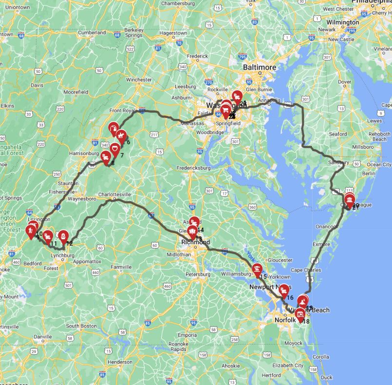 Map for Washington DC Roundtrip - South